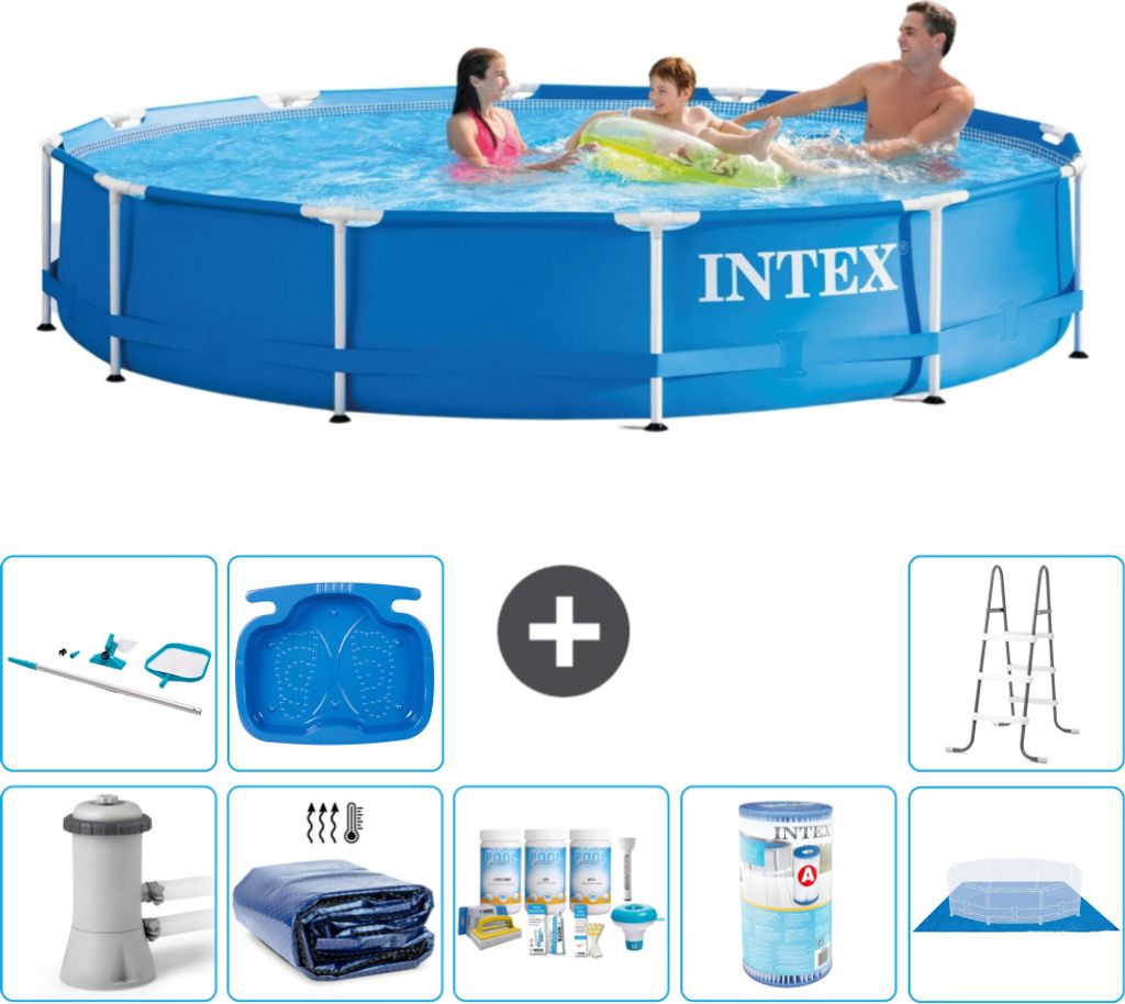 Intex Rundrahmen-Schwimmbecken – 366 x 76 cm – Blau – inklusive Pumpe Sonnensegel - Wartungspaket - Filter - Bodenplane - Reinigungskit - Leiter