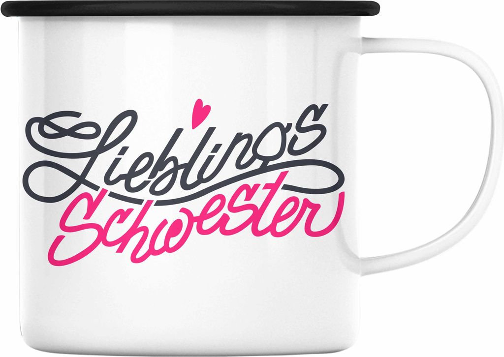 Trendation - Beste Schwester Emaille Tasse Geschenk von Schwester an Schwester Lieblingsschwester (Schwarz)