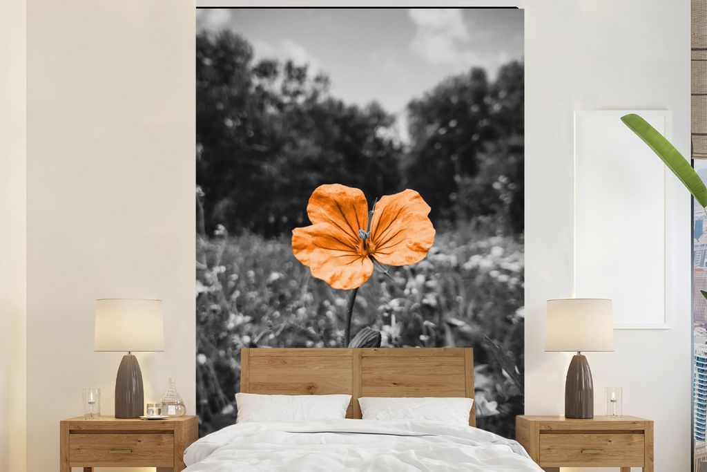 MuchoWow Fototapete für Wohnzimmer oder Schlafzimmer Wandtapete Vinyl Motivtapete Blumen - Schwarz - Weiß - Orange - 200x300 cm - Wanddekorationen