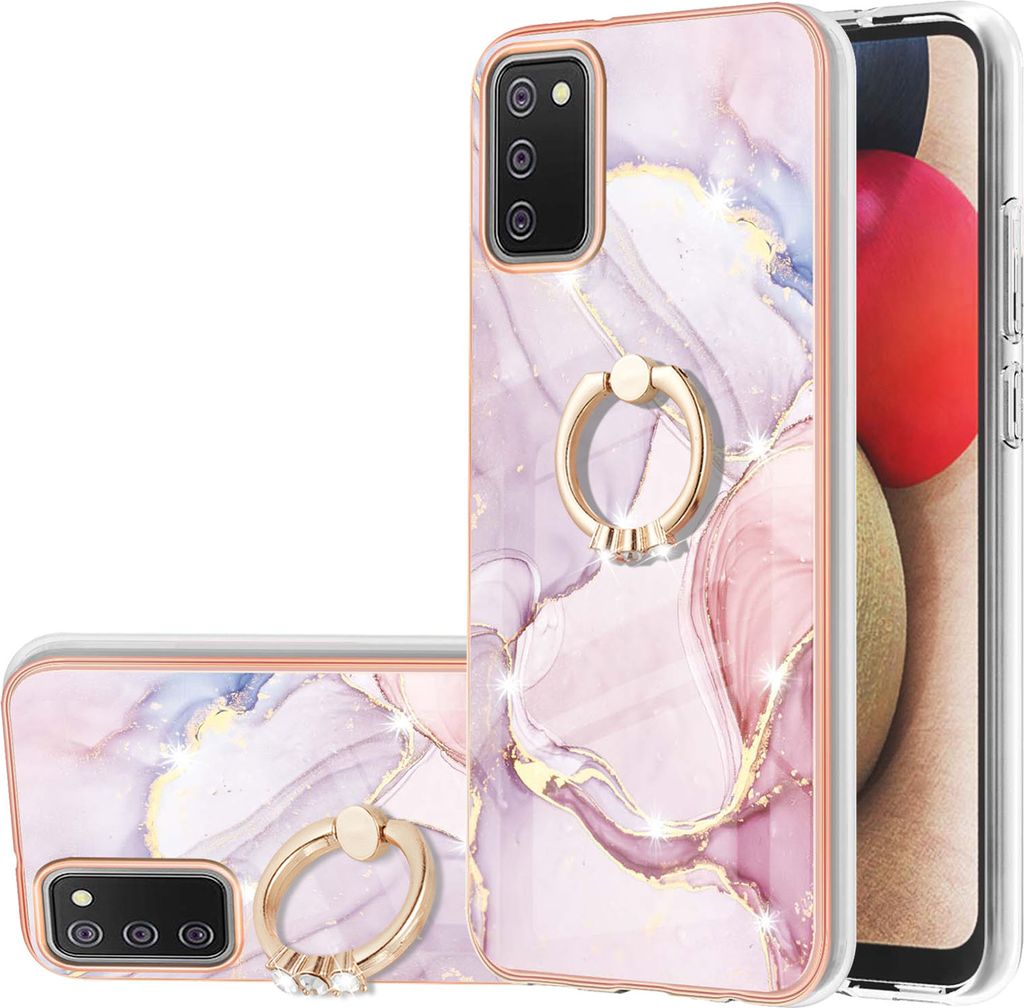 Galaxy A02S Marmor Handyhülle mit 360 Grad Ring Ständer Ultra Dünn Soft TPU Bumper Anti-kratzt Schutzhülle für Samsung Galaxy A02S Roségold