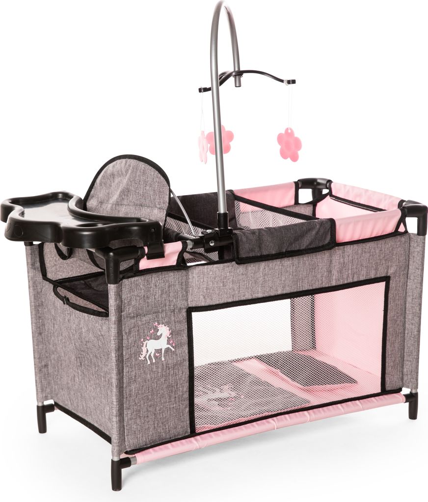 Bayer Design 62633AB Puppenbett mit Schrank, Sitz, Mobile, Ablage, Bettdecke, Kissen, jeans-grau, rosa, Einhorn