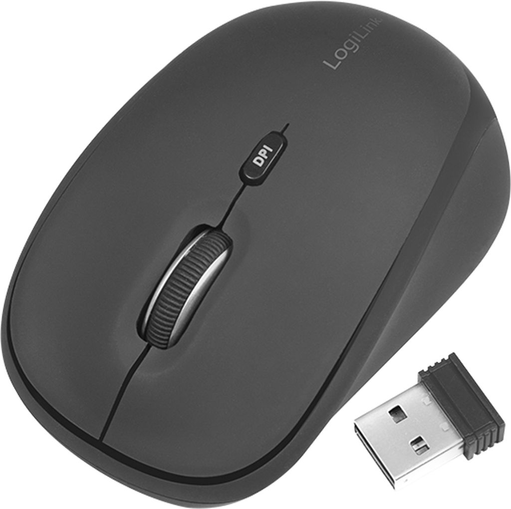 A black wireless computer mouse and its USB receiver are shown on a white background.