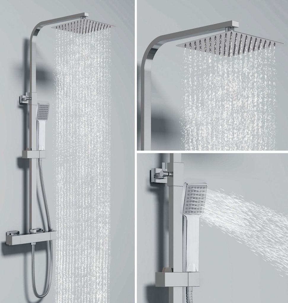 Duschsystem mit Thermostat 38°C Duscharmatur Chrom Regendusche Duschset Dusche inkl. Regal verstellbarer Edelstahl Duschstange Duschset