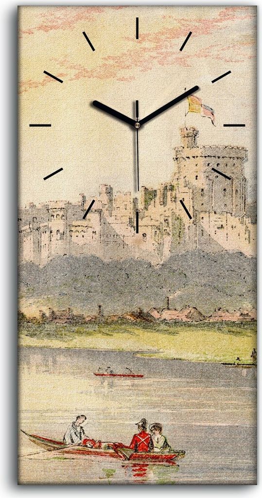 Leinwand Wanduhr Wandkunst Uhr 30x60 Gemälde Schloss Fluss Boote Bäume Himmel - schwarze Hände