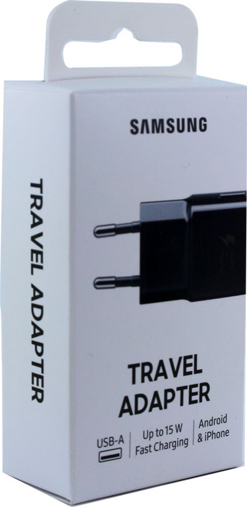 The image shows the retail packaging for a Samsung travel adapter.