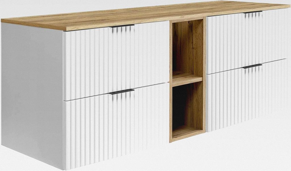 RODAN Waschbeckenunterschrank mit Regal & Arbeitsplatte – Weiß & Craft Gold Waschbeckenunterschrank Schubladen Soft-Close – Hängender Badezim...