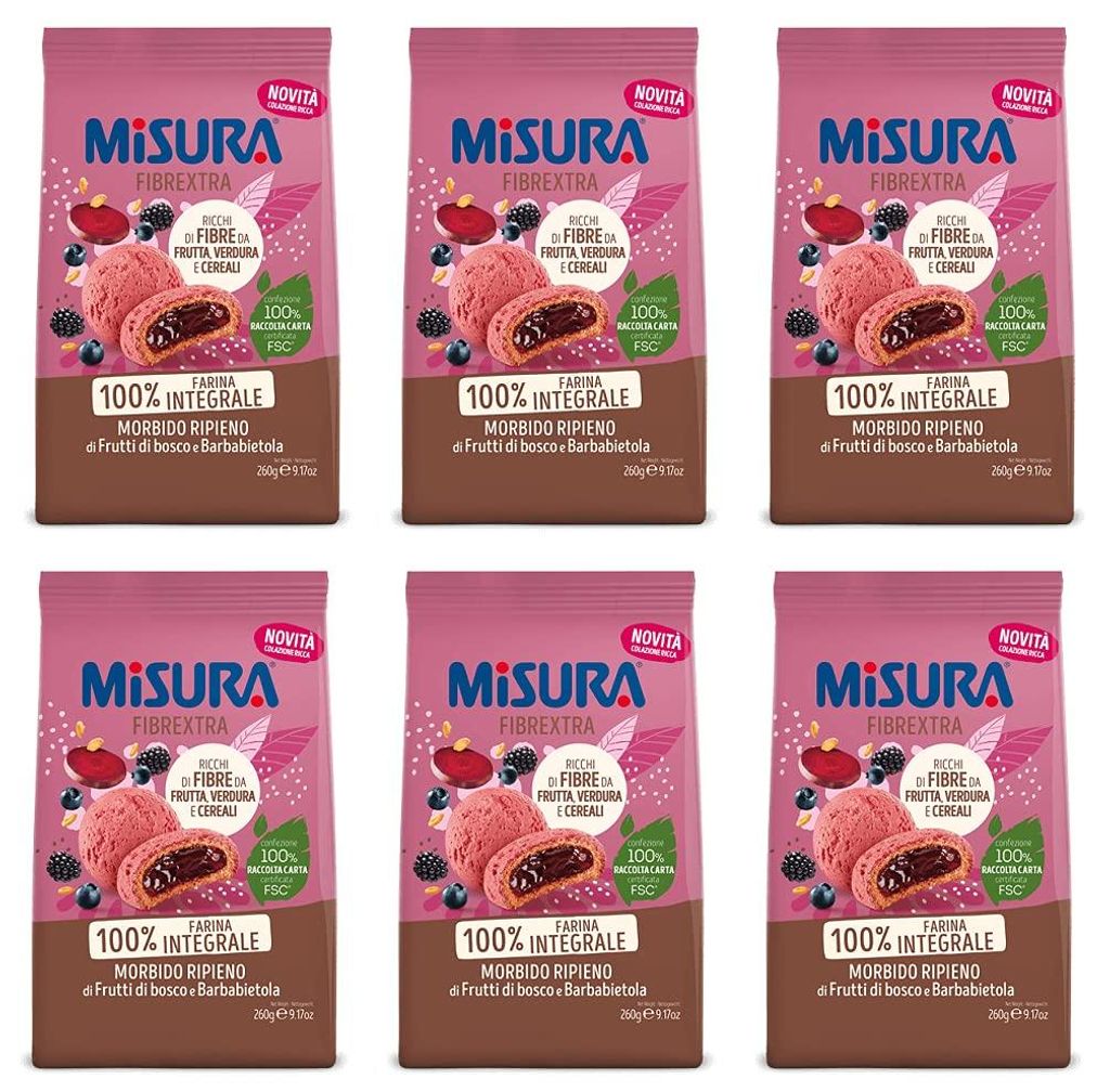 6x Misura Fibrextra Frollini Ripieni Vollkornkekse gefüllt mit Beeren und Rote Beete 260g