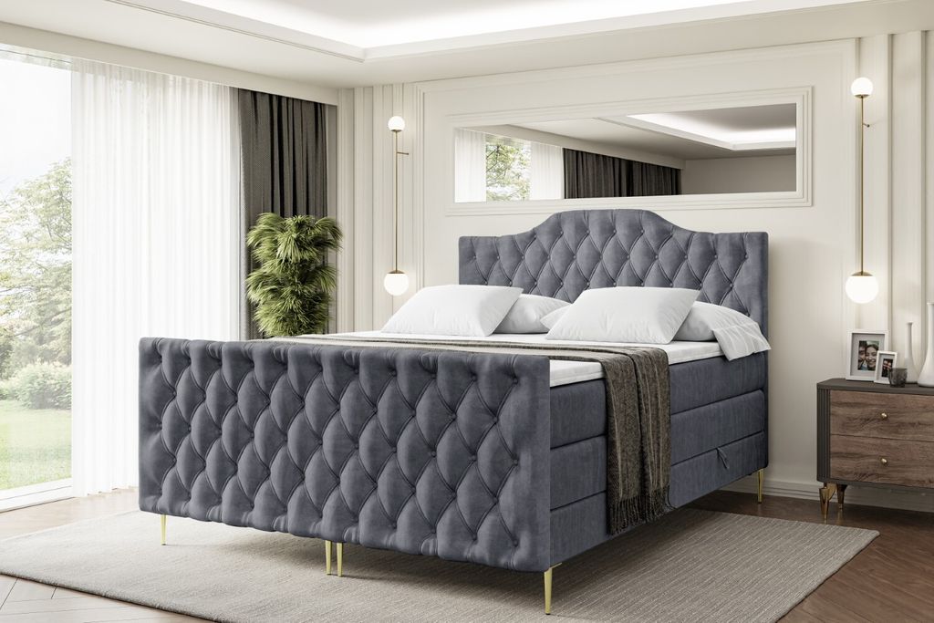 ALTDECOR Boxspringbett mit Gold Füßen, Matratze und Lattenrost, Topper, Fußteil, Polsterbett mit Bettkasten, Bett mit Stauraum H3- und H4- Matra...