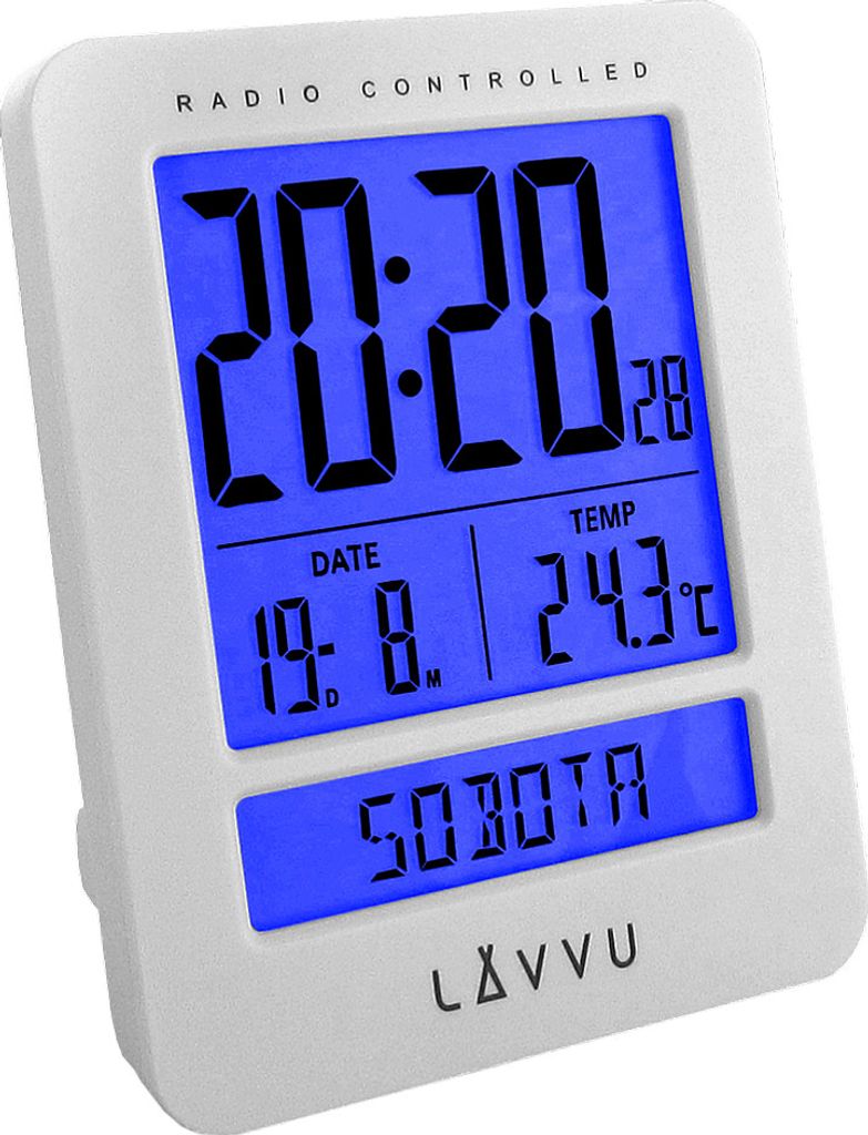 A white digital alarm clock with a blue display showing the time, date, temperature, and day of the week.