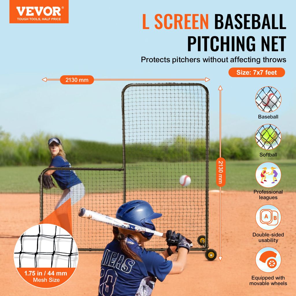 VEVOR Filet d'Entraînement de Baseball Softball 213,4x210 cm Filet de Lancement pour Baseball Portable avec 2 Cadres de Cible à 1 et 9 Trous et Sac pour Lanceur Receveur Extérieur (Filet Uniquement