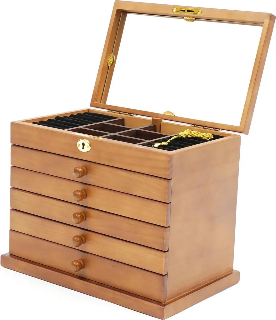 Grande Organizer Portagioie Legno Oliva con Cassetti e Specchio