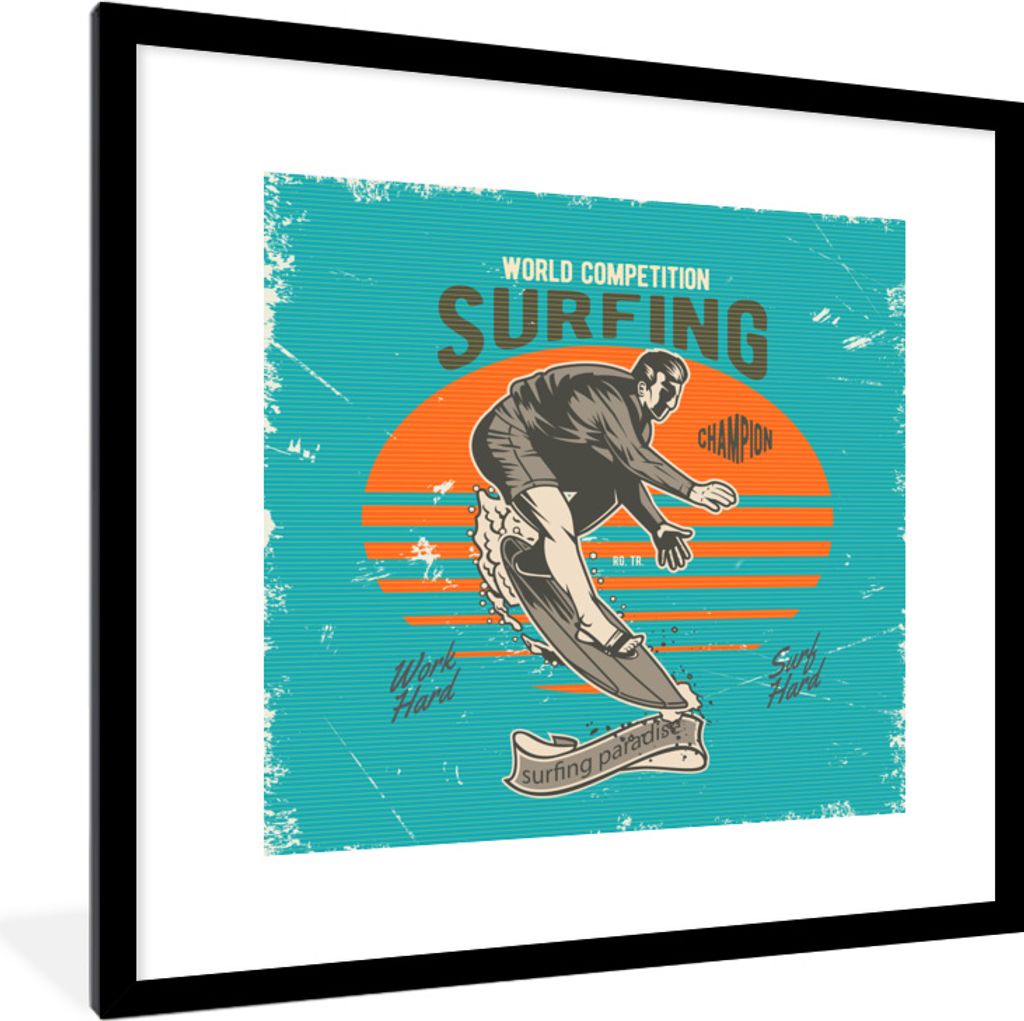 MuchoWow MuchoWow Gerahmtes Poster Vintage - Surfen - Surfbrett 40x40 cm - Poster mit zchwarzem Bilderrahmen - Poster - Plakat im Rahmen