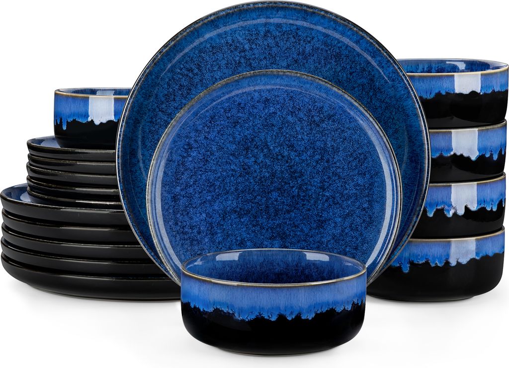 A set of blue and black ceramic dishes.