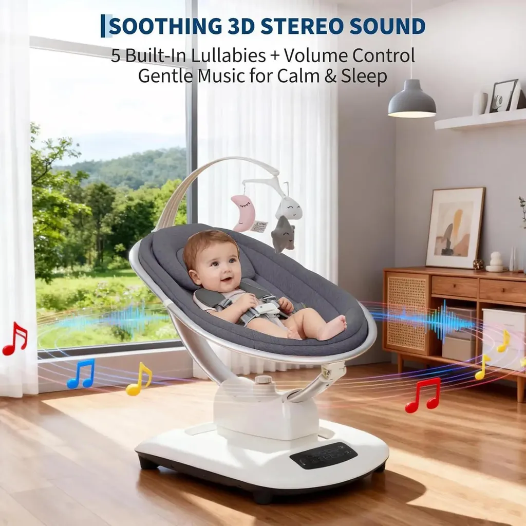 Transat électrique bébé gris foncé - Balançoire 5D avec télécommande - 5