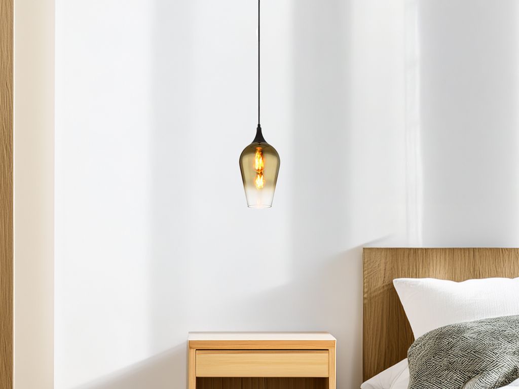 Kleine LED Pendelleuchte hängend über Esstisch Lampenschirm Glas Golden, Ø18cm
