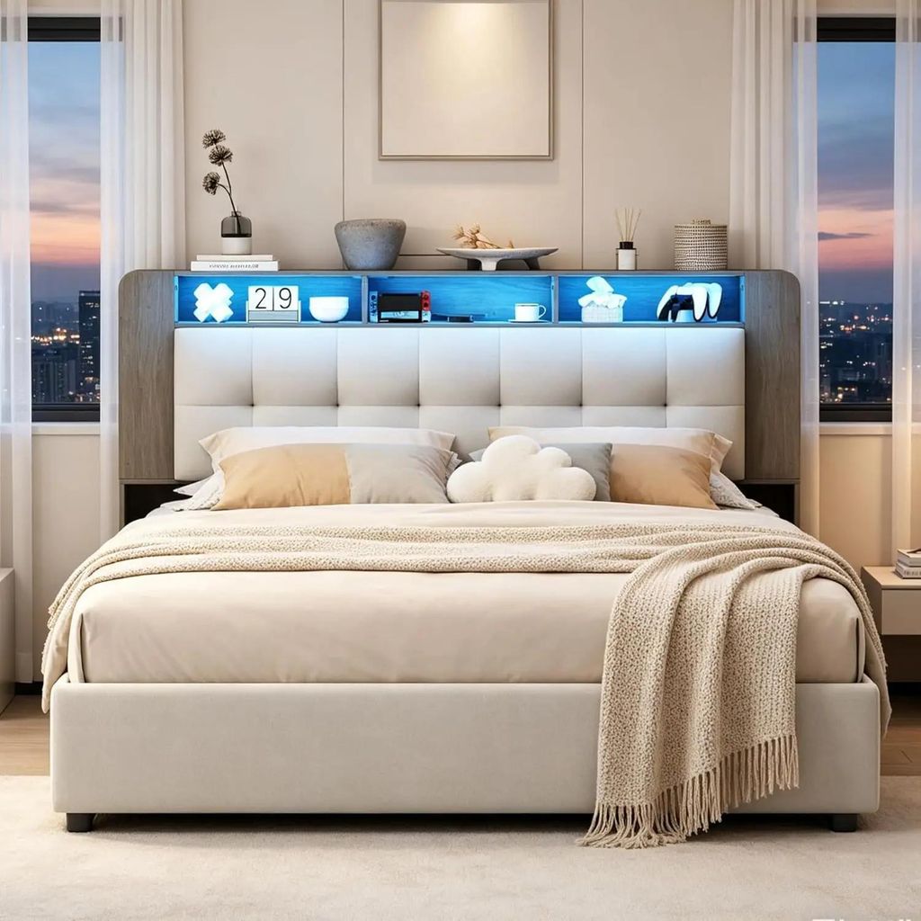 Polsterbett - Doppelbett 160x200 cm - Bettkasten mit Stauraum - Samtbezug - LED-Beleuchtung - Kopfteil mit Stauraum und kabellosem Laden