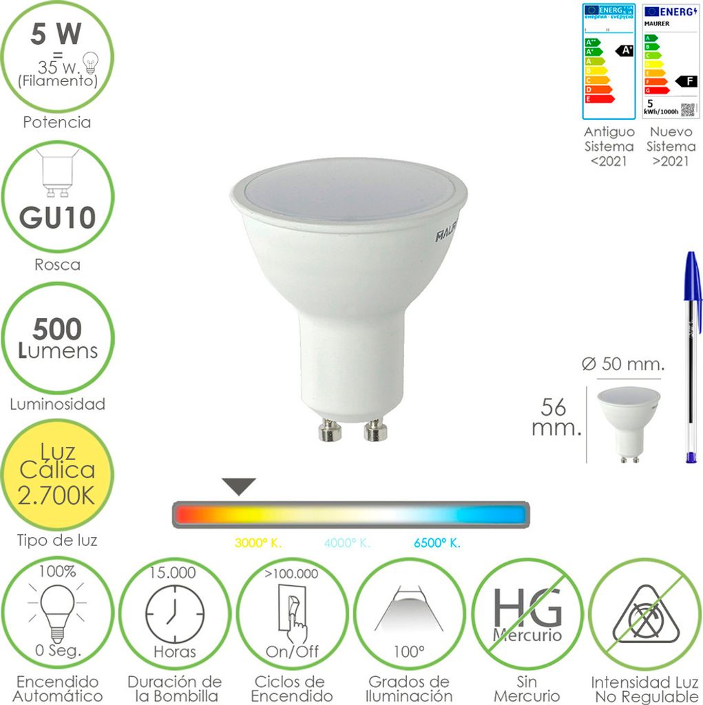 Dichroitische LED-Lampe mit GU10-Gewinde. 5 Watt. Äquivalent zu 50 Watt. 500 Lumen. Warmes Licht (2700o K.)
