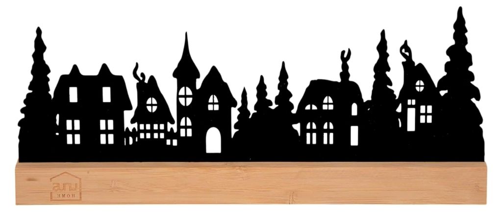 Aufsteller Winterlandschaft mit Bäumen aus Metall und Bambusfuß 30x13 cm in Schwarz oder Weiß für Fensterbank, Regal oder Tisch