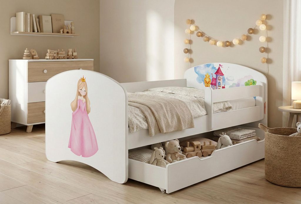 Happy Babies Kinderbett mit Rausfallschutz Junge 140x70 Bett für Kinderzimmer mit Schublade Matratze Einzelbett für Kinder, Weiss, Bunte Aufkleber