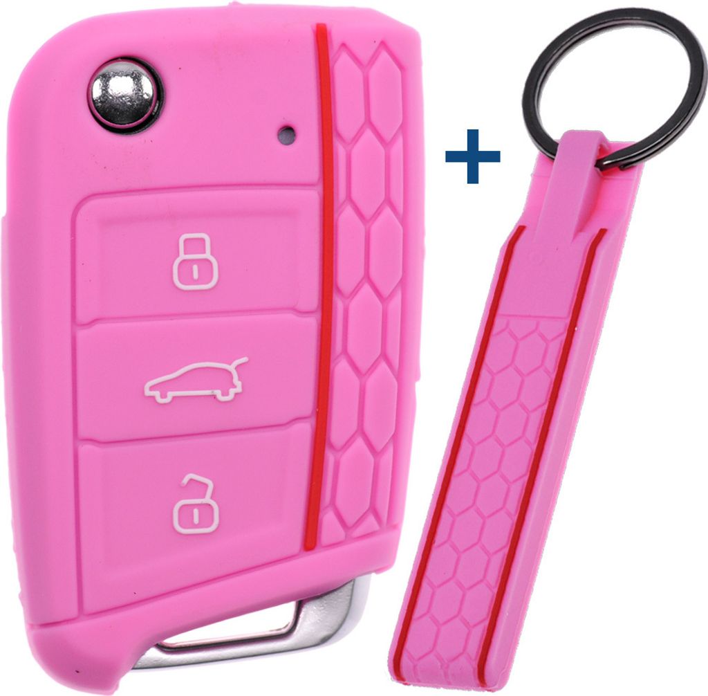 Auto Schlüssel Silikon Schutz Hülle + Schlüsselband im Wabe Design Rosa kompatibel mit VW SEAT Skoda Golf 7 Leon Octavia 3 Tasten Klappschlüssel