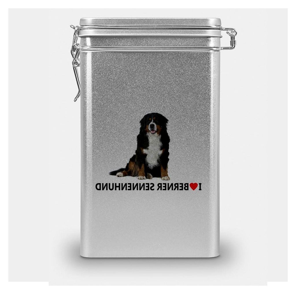 Hundefutterdose Berner Sennenhund, Vorratsdose, Leckerliedose, Blechdose, Hundenapf mit Motiv Berner Sennenhund - Silber