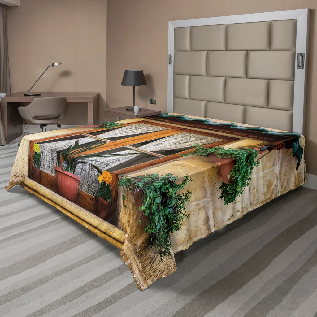ABAKUHAUS Lenzuolo con rotelle, fiori Edificio storico Finestra Con tenda di pizzo All'interno dell'immagine, morbido e confortevole lenzuolo superiore per un letto decorativo 1 pezzo 266 cm x 260 cm, beige verde