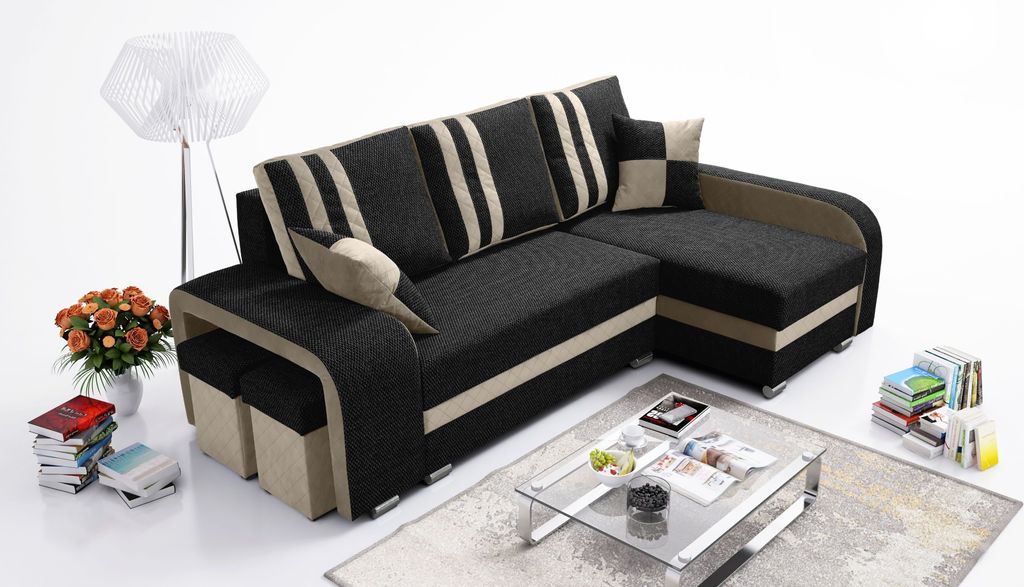 Robin York Ecksofa mit Schlaffunktion 2x Bettkasten 2x Kleine Kissen 2x Hocker Sofa L-Form Schlafsofa Freistehende Eckcouch Schlafcouch Wohnzimmerm...