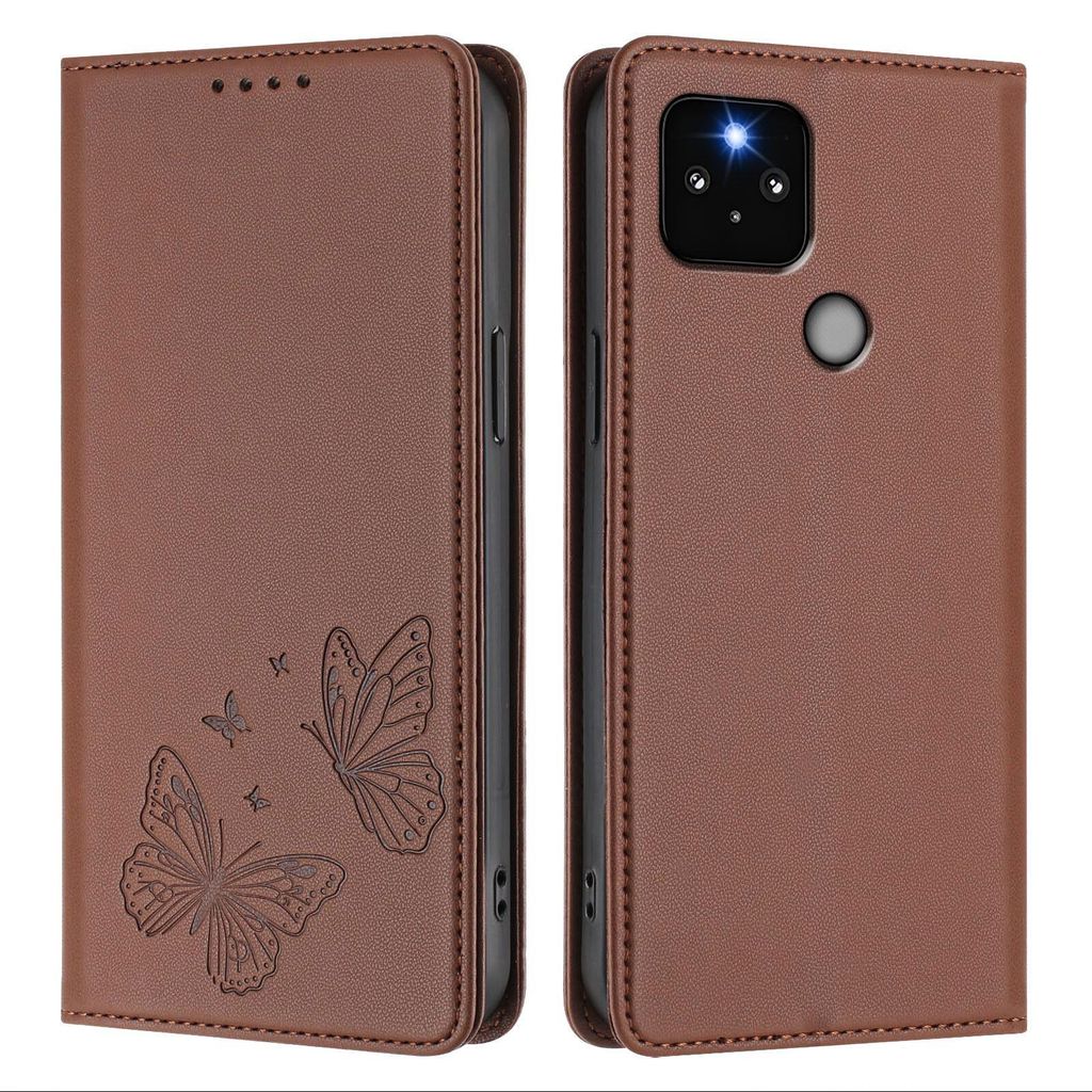 Lederhülle für Google Pixel 5, Schmetterling Prägung Leder Brieftasche Schutzhülle mit Ständer Braun