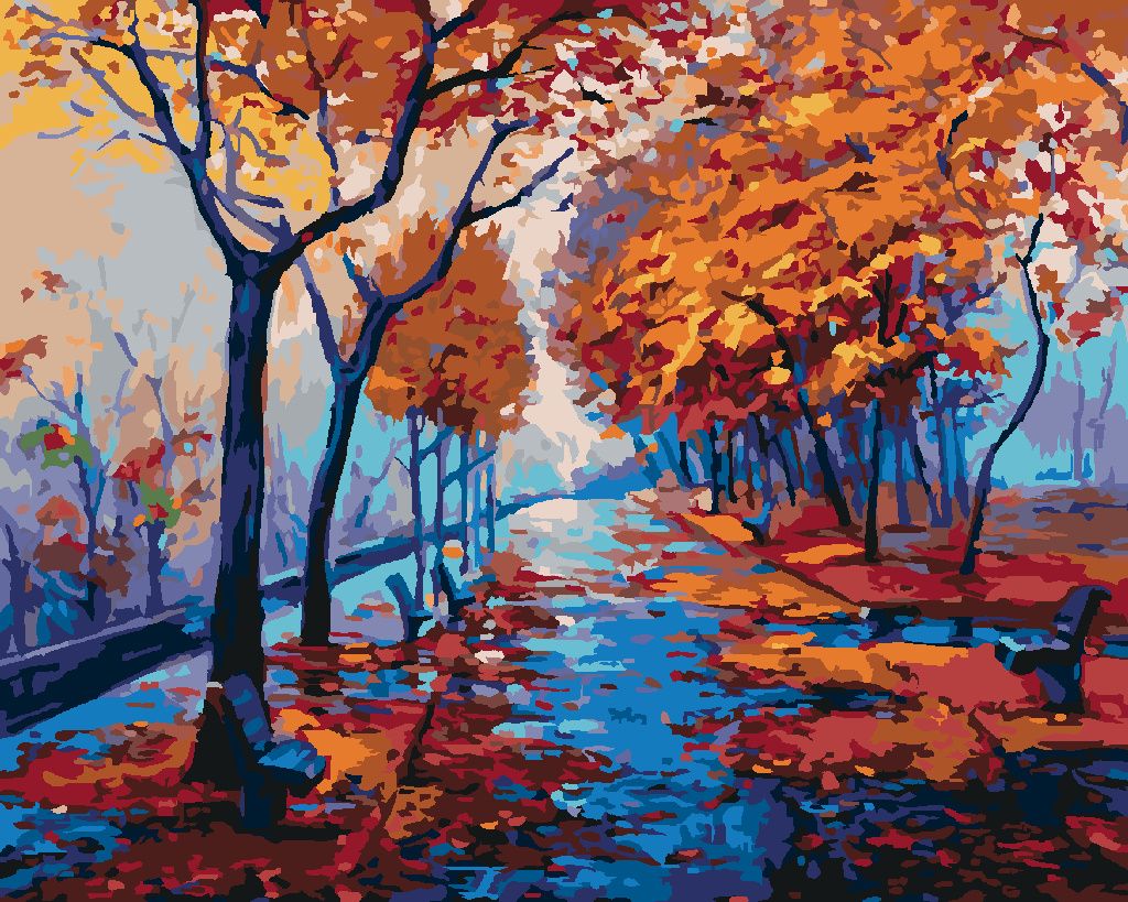 Zuty - Malen nach Zahlen - HERBSTLICHER WALDPARK MIT LEEREN BÄNKEN, 40x50 cm, mit Keilrahmen (bereits gespannt)