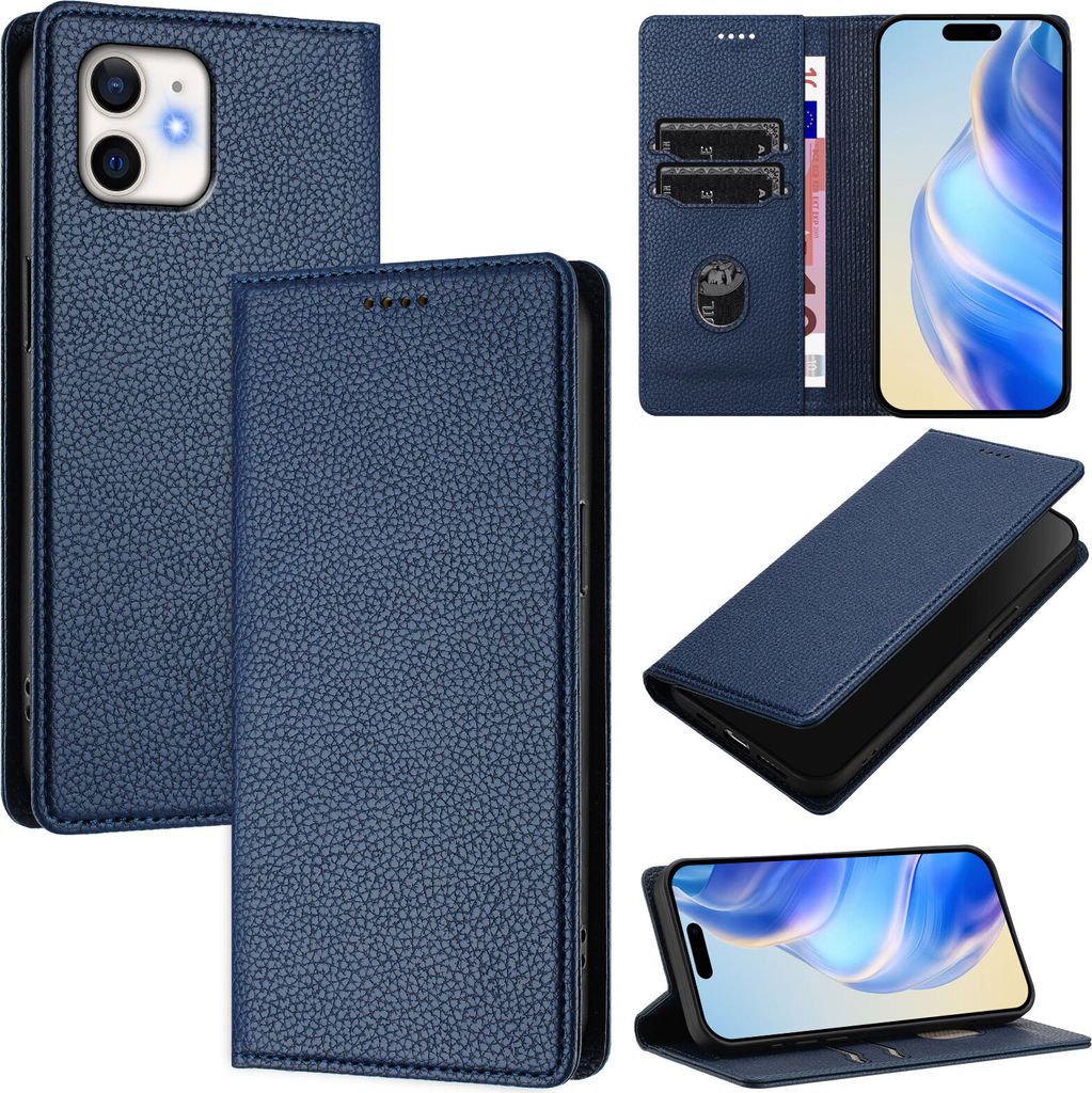 Litchi Leder Handyhülle für iPhone 12 Mini Wallet Kartenfächer Standfunktion Hülle Blau