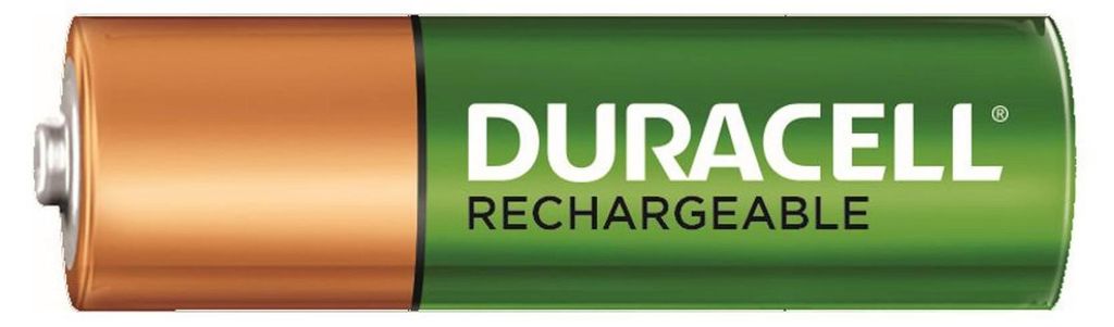 A single Duracell rechargeable AA battery against a white background.