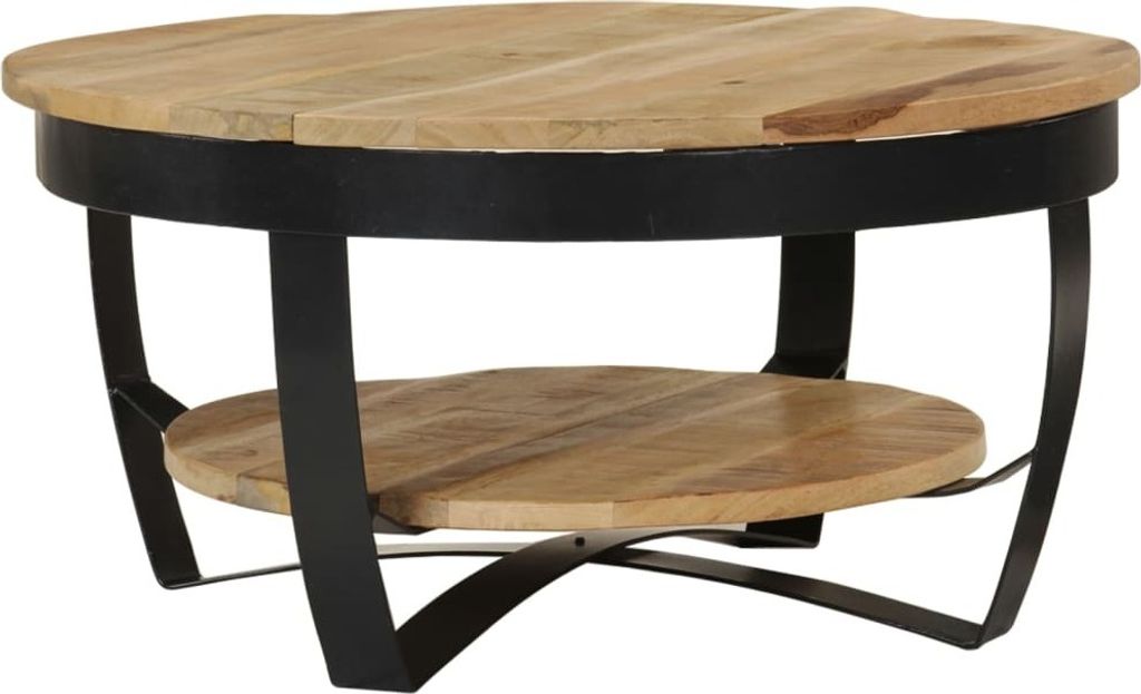 A product image of a round coffee table with a wooden top and a metal frame.