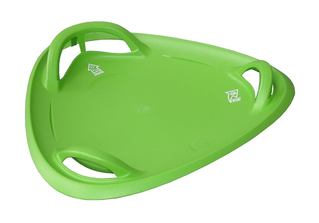 A green plastic sled on a white background.