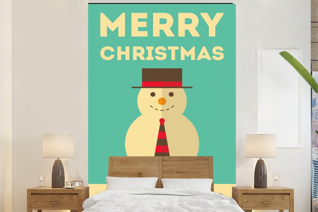 MuchoWow Fototapete für Wohnzimmer oder Schlafzimmer Wandtapete Vinyl Motivtapete Illustration - Schneemann - Weihnachten - Zitate - Frohe Weihn...