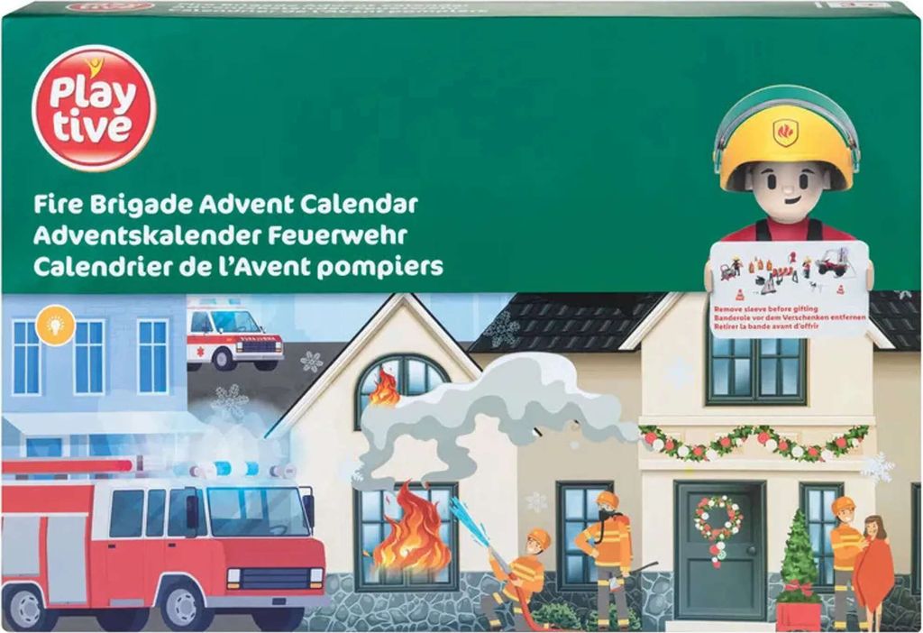 The image shows the packaging of a Playtive Fire Brigade Advent Calendar, depicting a scene of firefighters responding to a house fire.