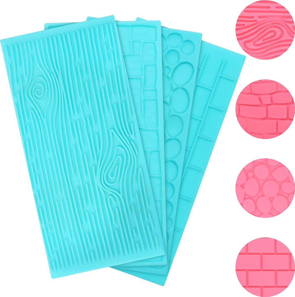 Kurtzy 4er Pack Kunststoff Fondant Silikonform Set Zuckerguss Silikonform Schokolade Torten Set Ziegelstein, Holz, Kopfstein & Kieselstein