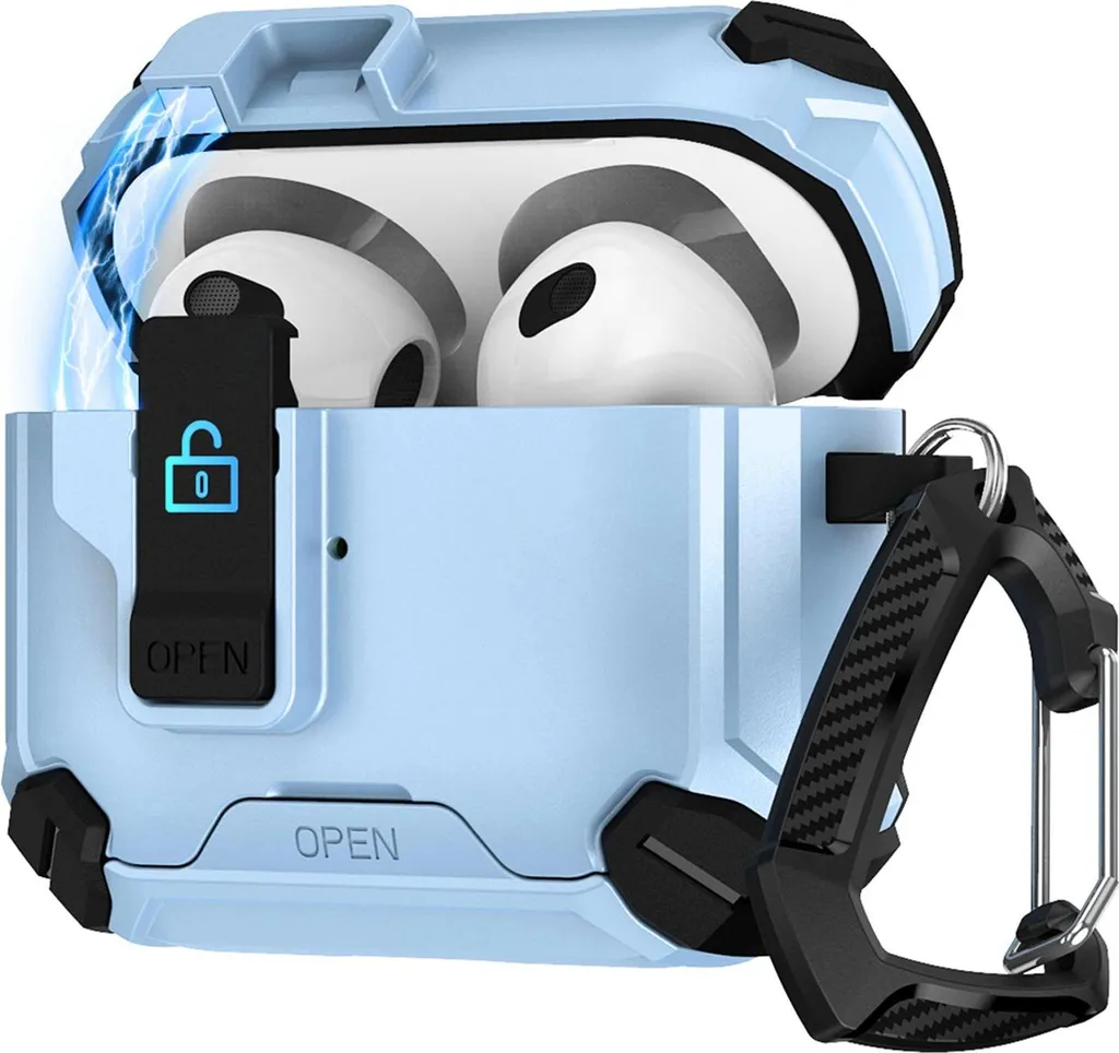 Custodia per Apple AirPods 1 / 2 Custodia protettiva Defender con moschettone Scatola protettiva a 360 gradi Cuffie antiurto Copertura integrale Baby Blue
