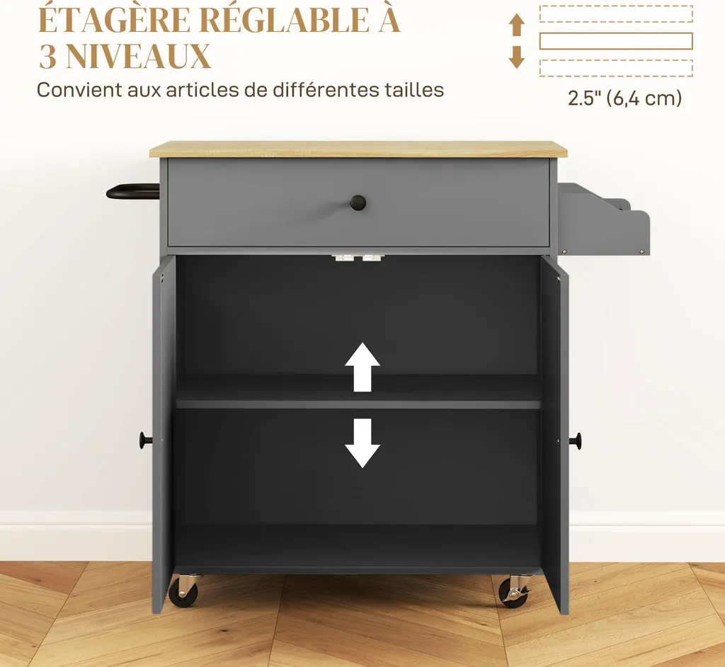 Îlot de cuisine mobile gris avec support épices et étagère ajustable - 8