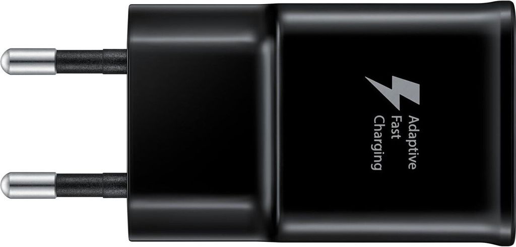 A black fast charging adapter with two prongs for a power outlet.
