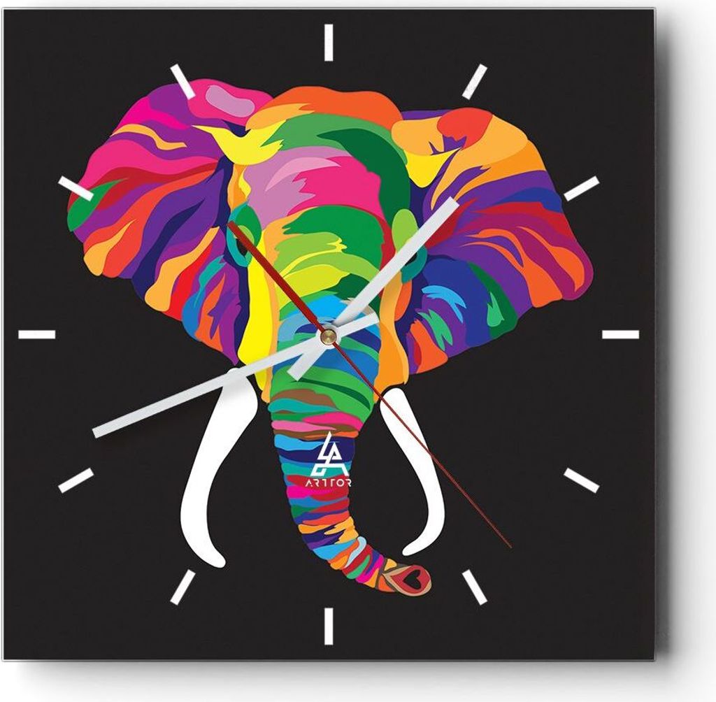 Wanduhr - Quadrat - Glasuhr - Elefant spaß bunt tier - Produktbild 