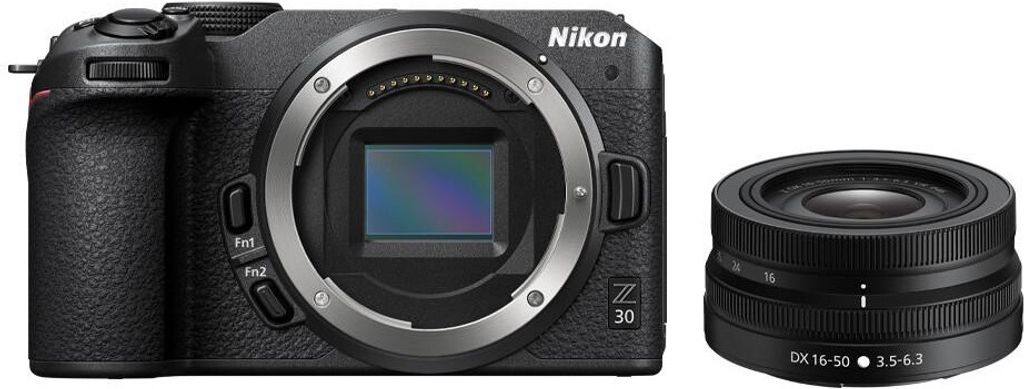 A black Nikon Z 30 camera body and a black DX 16-50mm lens are shown against a white background.