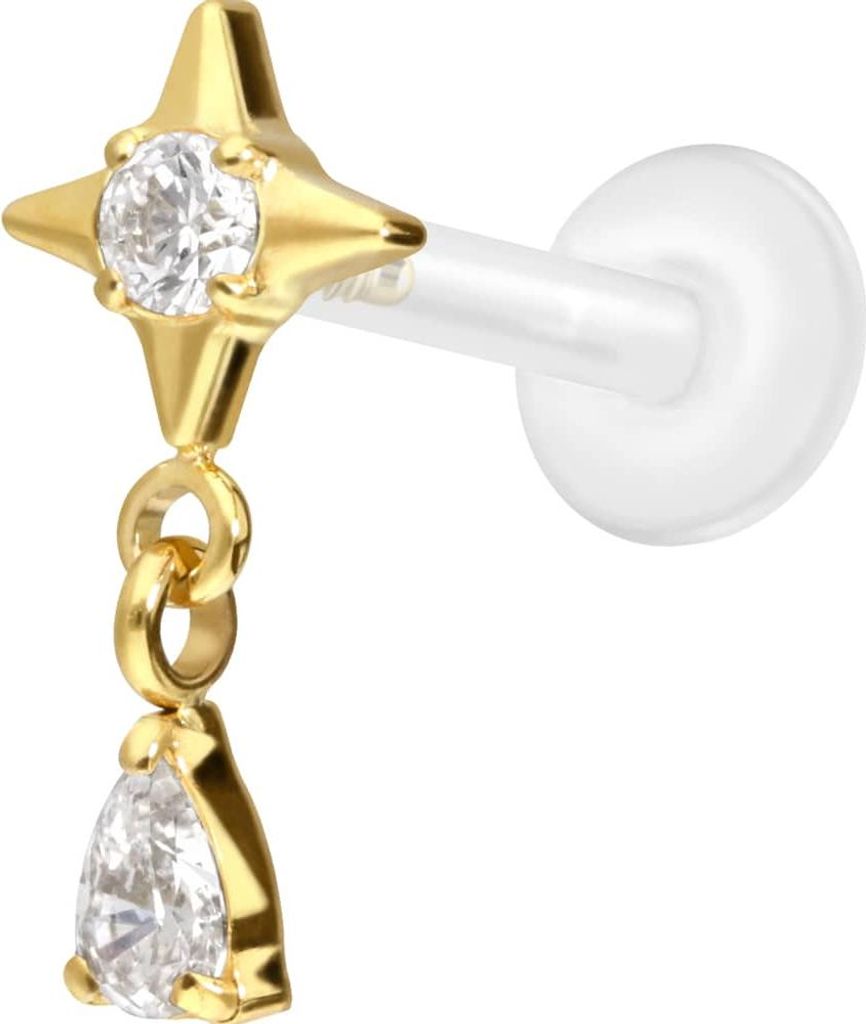 Ohrpiercing, Nasenpiercing PTFE Labret mit Innengewinde + Titan-Aufsatz STERN + KRISTALLTROPFEN Gold Stablänge: 10mm | Stabstärke: 1,2mm