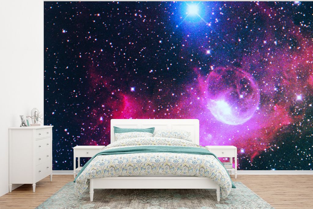 MuchoWow Fototapete für Wohnzimmer oder Schlafzimmer Wandtapete Vinyl Motivtapete Universum - Planeten - Rosa - Jungen - Mädchen - Kinder - 400...