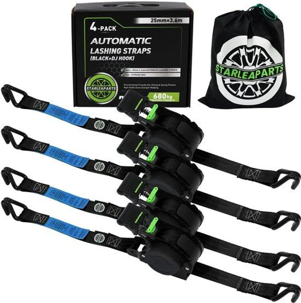 Lot de 4 sangles d'arrimage automatiques 3.6m rétractables noir 680kg