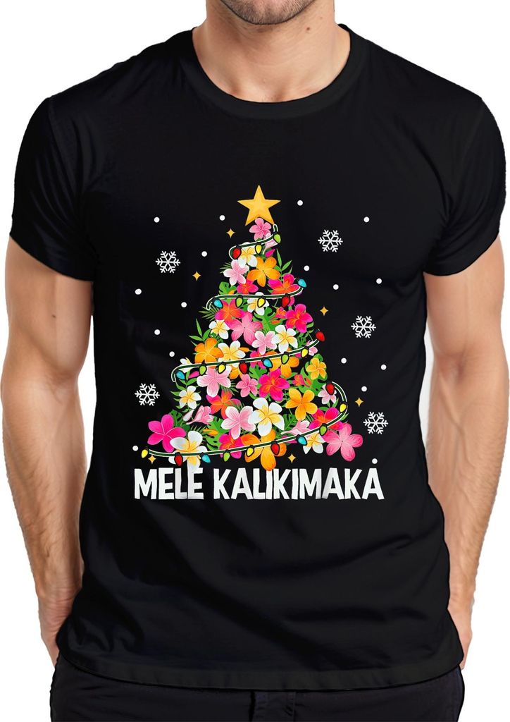 MELE KALIKIMAKA Hawaiian Weihnachten Plumeria Tropisch Strand Herren T-Shirt, Schwarz, L