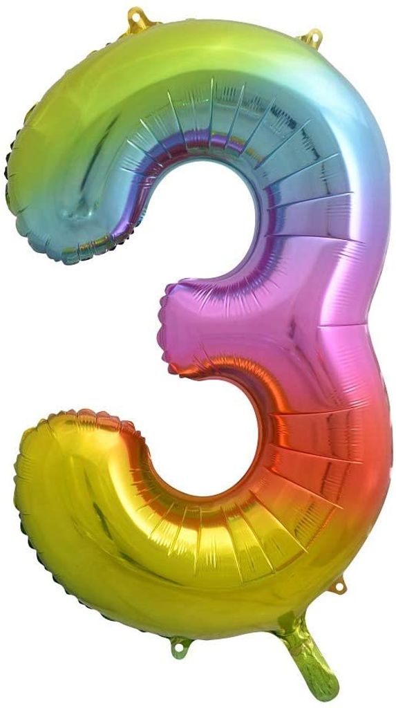 GODAN Folienballon Luftballon Zahl - Drei 85 cm Regenbogenfarben