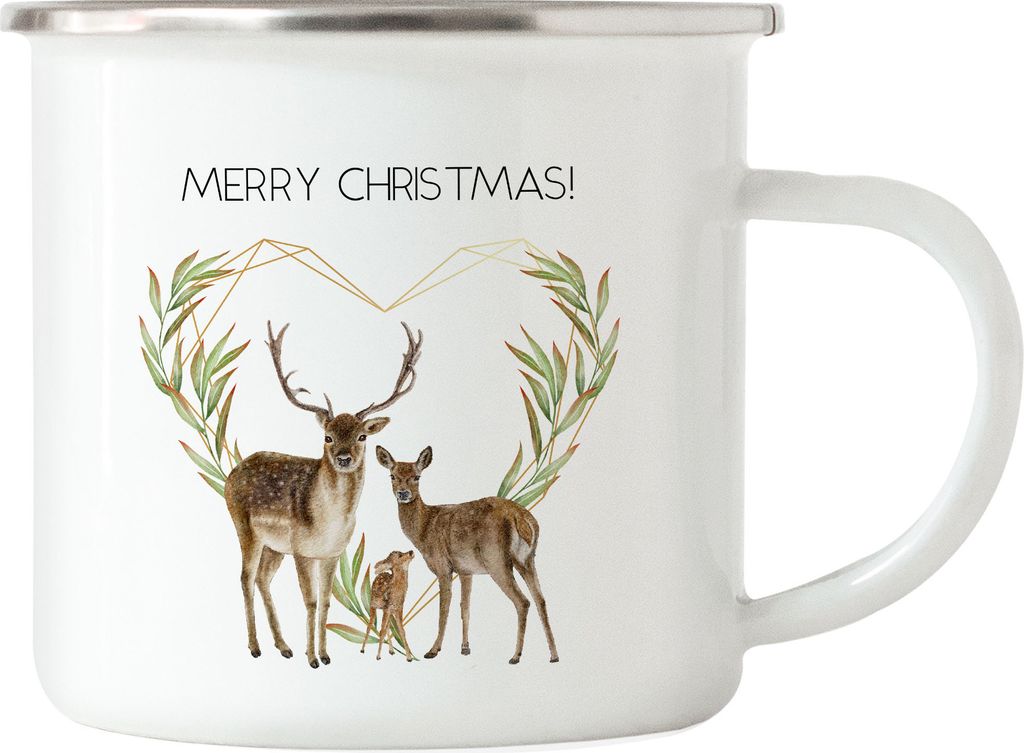 Merry Christmas Emaille-Tasse Geschenkidee Rentier-Fans Reh-Kids Süßes Motiv für Weihnachten für Familie Freunde