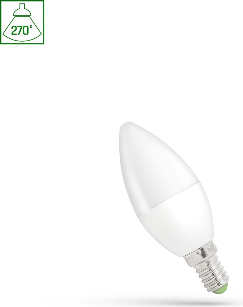 A white LED candle light bulb with a silver screw base is shown against a white background. A green icon indicating 270 degrees of light spread is in the top left corner.