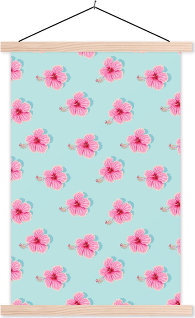 MuchoWow Textilposter Sommerlich - Blumen - Rosa - Blau 120x180 cm mit holzfarbenen Rahmen - Textil-Plakat