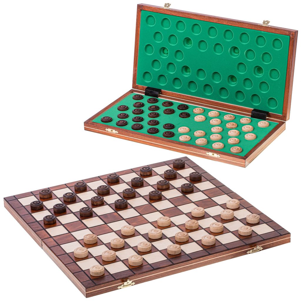 A wooden checkers board game set with pieces in both open and closed positions.